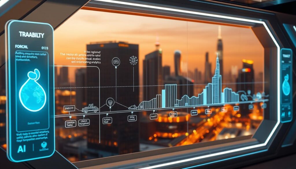 A sleek, futuristic interface showcases a blockchain-powered IoT ecosystem for smart food traceability. In the foreground, a transparent display panel visualizes the journey of a food item, tracing its origin, processing, and distribution using interconnected sensors. In the middle ground, IoT devices such as RFID tags, temperature monitors, and GPS trackers seamlessly integrate with an AI-driven analytics platform, generating real-time insights. The background depicts a cityscape with towering skyscrapers, reflecting the integration of this advanced system within a smart urban environment. Warm, futuristic lighting and a minimalist, high-tech aesthetic convey the efficiency and reliability of this blockchain-IoT-AI solution for enhancing food safety and transparency.