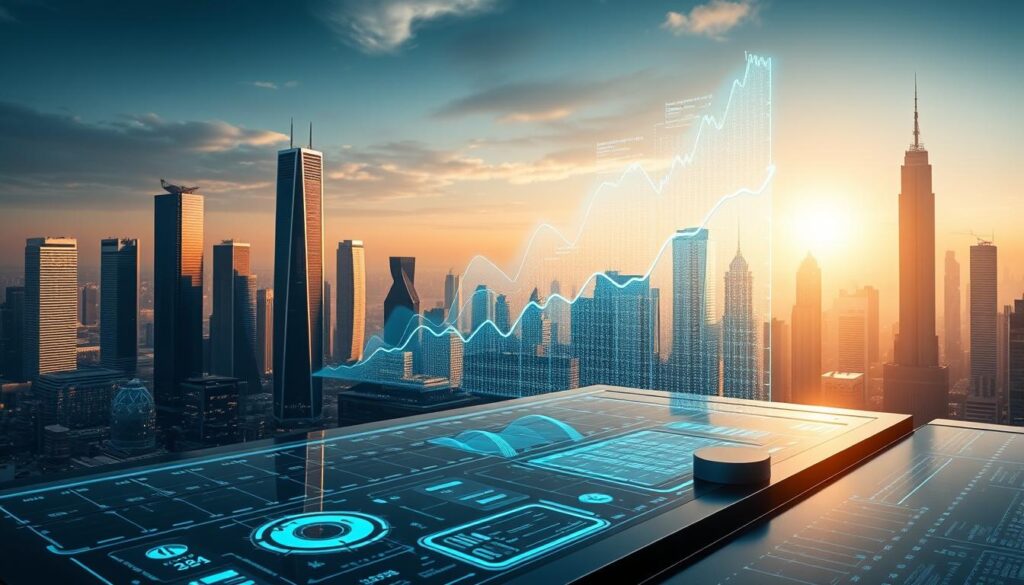 A sleek, futuristic landscape depicting the intersection of artificial intelligence and financial forecasting. In the foreground, a towering holographic chart projects dynamic trends and trajectories, bathed in a cool, ethereal glow. The middle ground features a minimalist control panel, adorned with intricate data visualizations and intuitive interfaces. The background showcases a cityscape of gleaming skyscrapers, their reflections shimmering in a pool of liquid data. Dramatic lighting casts dramatic shadows, heightening the sense of technological prowess and predictive power. The overall atmosphere conveys a sense of precision, innovation, and the limitless potential of AI-driven financial analysis. A sleek, futuristic landscape depicting the intersection of artificial intelligence and financial forecasting. In the foreground, a towering holographic chart projects dynamic trends and trajectories, bathed in a cool, ethereal glow. The middle ground features a minimalist control panel, adorned with intricate data visualizations and intuitive interfaces. The background showcases a cityscape of gleaming skyscrapers, their reflections shimmering in a pool of liquid data. Dramatic lighting casts dramatic shadows, heightening the sense of technological prowess and predictive power. The overall atmosphere conveys a sense of precision, innovation, and the limitless potential of AI-driven financial analysis.