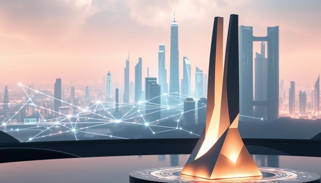 A sleek, futuristic landscape showcasing the seamless integration of a token burn ecosystem. In the foreground, a towering, minimalist sculpture representing the deflationary token burn mechanism, glowing with an ethereal light. In the middle ground, a dynamic network of interlocking digital pathways and nodes, symbolizing the broader cryptocurrency ecosystem. The background features a vast, holographic cityscape, with towering skyscrapers and shimmering interfaces, all bathed in a soft, ambient glow. The scene conveys a sense of technological sophistication, efficiency, and a harmonious balance between the token burn and the larger cryptocurrency system.