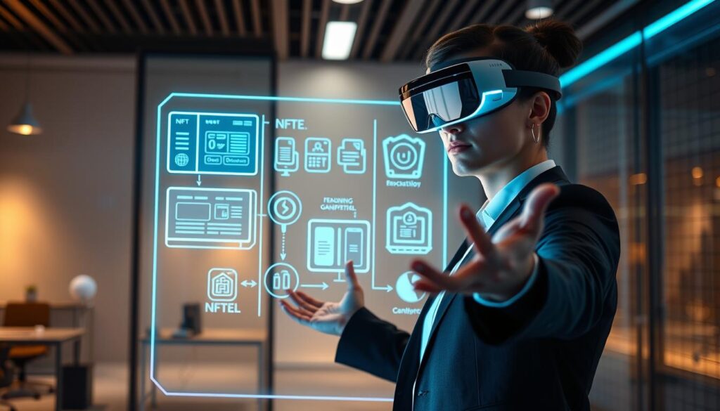 A sleek, futuristic office setting with a glowing holographic display showcasing various NFT loyalty program features. In the foreground, a professional-looking person gestures towards the display, their face partially obscured by a stylish AR headset. The middle ground features innovative UI elements, digital wallets, and gamification elements. The background is filled with a subtle grid-like pattern, hinting at the underlying blockchain technology powering the NFT loyalty program. The lighting is soft and warm, creating a sense of sophistication and innovation. The overall mood is one of cutting-edge technology, seamless user experience, and the future of customer engagement. A sleek, futuristic office setting with a glowing holographic display showcasing various NFT loyalty program features. In the foreground, a professional-looking person gestures towards the display, their face partially obscured by a stylish AR headset. The middle ground features innovative UI elements, digital wallets, and gamification elements. The background is filled with a subtle grid-like pattern, hinting at the underlying blockchain technology powering the NFT loyalty program. The lighting is soft and warm, creating a sense of sophistication and innovation. The overall mood is one of cutting-edge technology, seamless user experience, and the future of customer engagement.