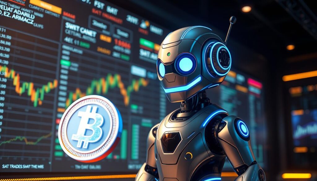 A sleek, futuristic trading bot named Snorter Bot, its metallic body adorned with neon-blue accents, stands in a dimly lit, high-tech trading terminal. Ambient holographic displays showcase real-time market data, while a dynamic 3D model of a cryptocurrency token, rendered in shimmering detail, hovers in the foreground. The bot's camera-like sensors scan the data feeds, its inner workings pulsing with an algorithmic energy, ready to execute lightning-fast trades on behalf of its crypto-savvy user.