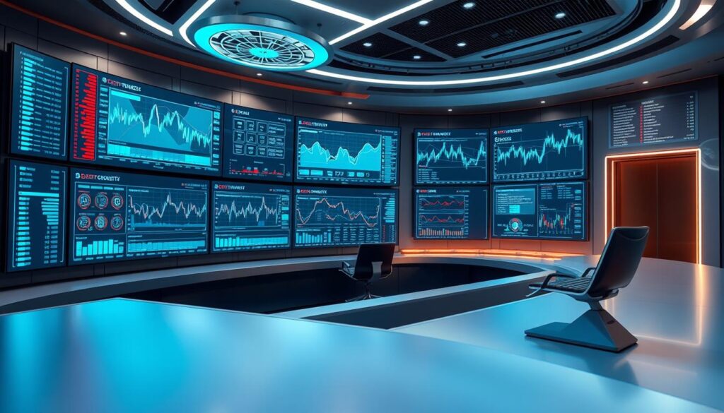 A sleek, futuristic trading command center with a panoramic array of high-resolution displays showcasing real-time financial data and advanced analytical tools. Floating holographic interfaces, complex charts and graphs, and a minimalist, brushed-metal aesthetic create an immersive, tech-savvy environment. Soft, ambient lighting casts a serene glow, while discreet, ergonomic controls allow for seamless navigation and customization. This state-of-the-art trading simulator empowers users to hone their skills, make informed decisions, and gain invaluable insights into the dynamic world of cryptocurrency markets.