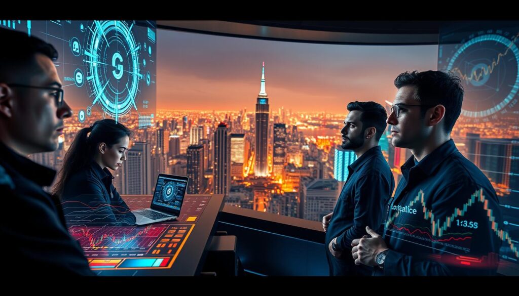 A sleek, futuristic trading platform, with holographic displays projecting complex quantum algorithms and data visualizations. In the foreground, a team of AI-powered traders intently monitoring the markets, their expressions focused and intense. The background is a panoramic view of a bustling city skyline, hinting at the global scale of these cutting-edge trading operations. Vibrant colors, sharp contrasts, and clean, minimalist aesthetics convey the precision and power of this quantum-driven AI ecosystem. Cinematic lighting and a slightly elevated camera angle add a sense of scale and gravitas to the scene.