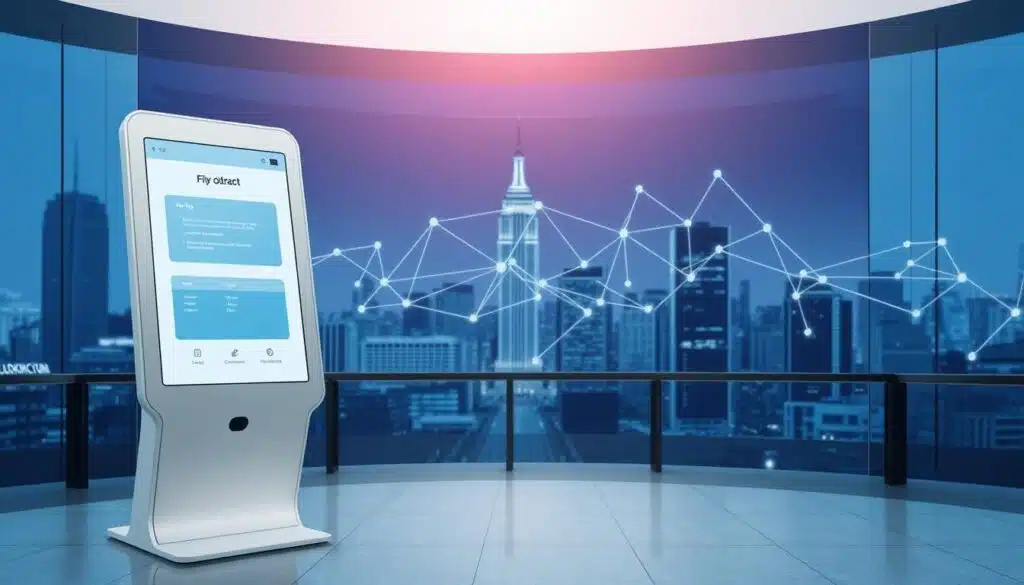 A sleek, futuristic voting kiosk stands in the foreground, its touchscreen display showcasing a smart contract-powered voting interface. In the middle ground, a network of interconnected blockchain nodes meticulously validate and secure the digital ballots. The background depicts a modern city skyline, symbolizing the integration of blockchain technology into the fabric of democratic processes. The lighting is crisp and clean, highlighting the precision and transparency of the smart contract-driven voting system.