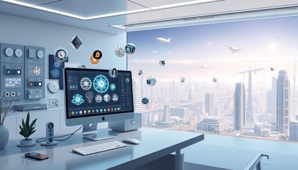 A sleek, futuristic workspace showcasing the cutting-edge features of an AI-powered NFT generator. In the foreground, a stylish desktop computer with a holographic display, showcasing intricate NFT designs. Surrounding it, various creative tools and UI elements float in a minimalist, well-lit environment. The middle ground reveals a 3D render of a virtual gallery, where customizable NFT avatars and digital artworks are showcased. In the background, a vast cityscape of gleaming skyscrapers and floating transport networks, hinting at the boundless potential of AI-driven NFT creation and the digital economy. The scene radiates a sense of innovation, technology, and artistic expression, perfectly capturing the essence of the "Top Features and Tools of AI NFT Generators". A sleek, futuristic workspace showcasing the cutting-edge features of an AI-powered NFT generator. In the foreground, a stylish desktop computer with a holographic display, showcasing intricate NFT designs. Surrounding it, various creative tools and UI elements float in a minimalist, well-lit environment. The middle ground reveals a 3D render of a virtual gallery, where customizable NFT avatars and digital artworks are showcased. In the background, a vast cityscape of gleaming skyscrapers and floating transport networks, hinting at the boundless potential of AI-driven NFT creation and the digital economy. The scene radiates a sense of innovation, technology, and artistic expression, perfectly capturing the essence of the "Top Features and Tools of AI NFT Generators".