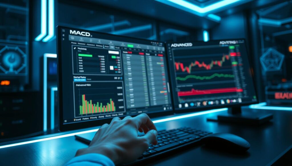 A sleek, futuristic workspace with a large computer monitor displaying advanced MACD settings. In the foreground, a professional trader's hand manipulates the indicators and charts, their fingers dancing across the keyboard. The background is a dimly lit, high-tech environment with holographic displays and a sense of technological sophistication. Soft, blue-tinted lighting casts an atmospheric glow, creating a contemplative and analytical mood. The scene conveys the depth and complexity of optimizing the MACD indicator for successful crypto trading strategies. A sleek, futuristic workspace with a large computer monitor displaying advanced MACD settings. In the foreground, a professional trader's hand manipulates the indicators and charts, their fingers dancing across the keyboard. The background is a dimly lit, high-tech environment with holographic displays and a sense of technological sophistication. Soft, blue-tinted lighting casts an atmospheric glow, creating a contemplative and analytical mood. The scene conveys the depth and complexity of optimizing the MACD indicator for successful crypto trading strategies.