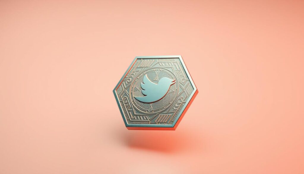 A sleek, hexagonal-shaped NFT profile picture hovers against a soft, atmospheric background. The NFT design features a detailed, metallic hexagon with intricate engraved patterns, reflecting a warm, directional lighting. The hexagon is slightly tilted, adding a sense of dynamism and movement. The overall composition suggests a modern, tech-savvy aesthetic, perfectly suited for a Twitter profile. The image conveys a sense of exclusivity and digital sophistication, aligning with the trends and best practices for NFT profile pictures on social media.