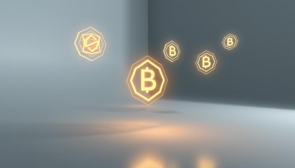 A sleek, holographic representation of tokenized carbon credits floating in a futuristic, minimalist environment. The credits, represented as glowing, geometric shapes, are suspended in mid-air, casting ethereal shadows on a smooth, reflective surface. The background is a serene, muted palette with subtle gradients, emphasizing the digital, decentralized nature of the credits. Soft, directional lighting illuminates the scene, creating a sense of depth and highlighting the intricate details of the tokens. The overall composition conveys a sense of innovation, transparency, and the transformative power of blockchain technology in the carbon trading marketplace.