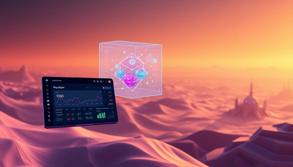 A sleek, intuitive crypto wallet interface floating in a warm, futuristic environment. The foreground features a clean, streamlined dashboard with intuitive controls and visualizations of digital assets. The middle ground showcases a holographic representation of blockchain transactions, with colorful data flows and interactive elements. In the background, a vast, ethereal landscape of low-poly structures and ambient lighting evokes a sense of technological wonder. The overall scene conveys a seamless blend of advanced UI design and cutting-edge blockchain technology, inviting the user to effortlessly manage their digital finances.