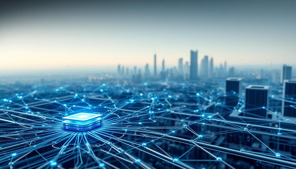 A sleek, metallic artificial intelligence neural network, its intricate circuits and algorithms pulsing with dynamic energy. In the foreground, a central processing hub glows with an ethereal blue light, representing the core of the machine learning system. In the middle ground, a complex web of interconnected nodes and pathways illustrates the flow of data, information, and routing protocols. The background depicts a vast, futuristic landscape of towering data centers and gleaming skyscrapers, hinting at the vast scale and integration of this intelligent routing infrastructure. Soft, indirect lighting casts dramatic shadows, adding depth and dimensionality to the scene. The overall mood is one of technological sophistication, efficiency, and the transformative power of AI-driven machine learning in modern network systems. A sleek, metallic artificial intelligence neural network, its intricate circuits and algorithms pulsing with dynamic energy. In the foreground, a central processing hub glows with an ethereal blue light, representing the core of the machine learning system. In the middle ground, a complex web of interconnected nodes and pathways illustrates the flow of data, information, and routing protocols. The background depicts a vast, futuristic landscape of towering data centers and gleaming skyscrapers, hinting at the vast scale and integration of this intelligent routing infrastructure. Soft, indirect lighting casts dramatic shadows, adding depth and dimensionality to the scene. The overall mood is one of technological sophistication, efficiency, and the transformative power of AI-driven machine learning in modern network systems.