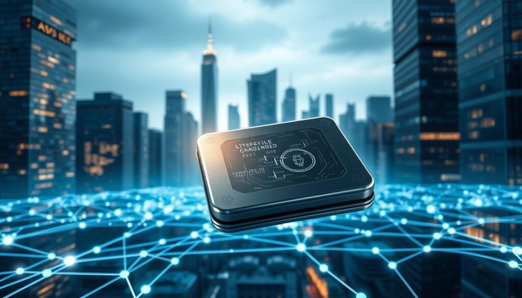 A sleek, metallic crypto wallet hovers in the foreground, its surface reflecting a holographic display of advanced security features. In the middle ground, a futuristic blockchain network pulses with data streams, secured by intricate AI algorithms. The background depicts a cityscape of towering skyscrapers, their windows glowing with the promise of financial innovation. Dramatic lighting casts long shadows, conveying a sense of power and technological prowess. The overall atmosphere is one of modern sophistication, where cutting-edge security measures safeguard the digital assets of the crypto-savvy user. A sleek, metallic crypto wallet hovers in the foreground, its surface reflecting a holographic display of advanced security features. In the middle ground, a futuristic blockchain network pulses with data streams, secured by intricate AI algorithms. The background depicts a cityscape of towering skyscrapers, their windows glowing with the promise of financial innovation. Dramatic lighting casts long shadows, conveying a sense of power and technological prowess. The overall atmosphere is one of modern sophistication, where cutting-edge security measures safeguard the digital assets of the crypto-savvy user.