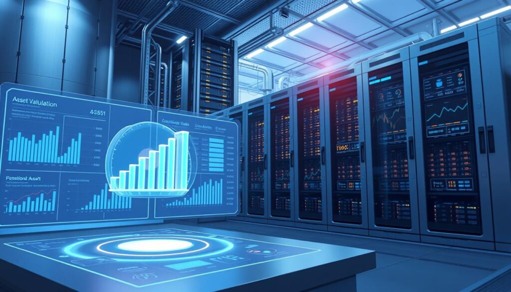 A sleek, metallic interface depicting an AI-powered asset valuation dashboard. In the foreground, a holographic display shows a 3D model of a financial asset, rotating and highlighting key metrics. The middle ground features an array of interactive graphs, charts, and analytics tools, all powered by complex algorithms. In the background, a towering data center looms, its glowing servers and cooling systems hinting at the immense computational power driving the automation. Soft blue lighting and a minimalist aesthetic convey a sense of efficiency and precision. The scene evokes a future where AI seamlessly integrates with asset management, streamlining the valuation process for greater speed and accuracy. A sleek, metallic interface depicting an AI-powered asset valuation dashboard. In the foreground, a holographic display shows a 3D model of a financial asset, rotating and highlighting key metrics. The middle ground features an array of interactive graphs, charts, and analytics tools, all powered by complex algorithms. In the background, a towering data center looms, its glowing servers and cooling systems hinting at the immense computational power driving the automation. Soft blue lighting and a minimalist aesthetic convey a sense of efficiency and precision. The scene evokes a future where AI seamlessly integrates with asset management, streamlining the valuation process for greater speed and accuracy.