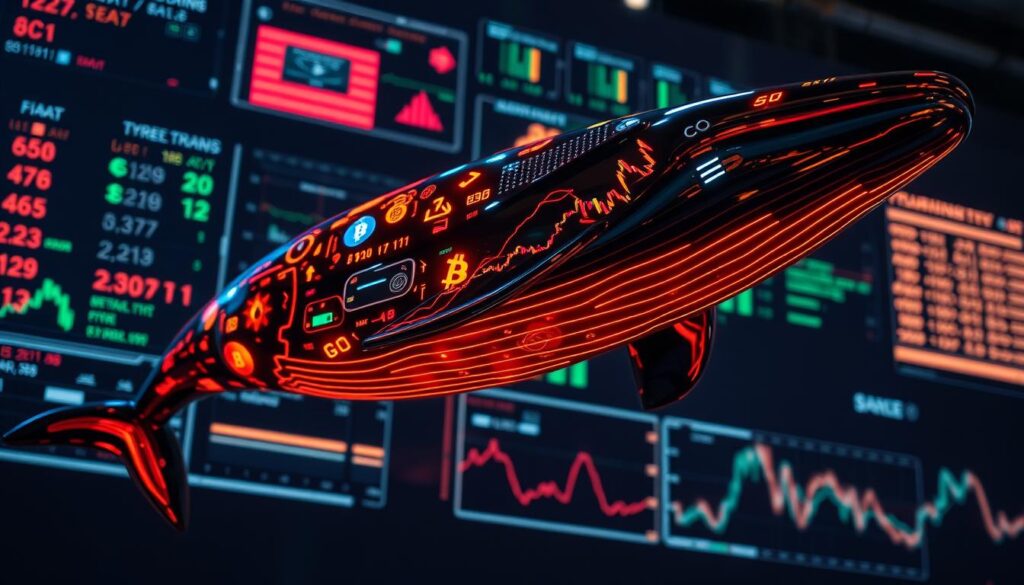 A sleek, metallic-looking whale sculpture is suspended in mid-air, its body adorned with glowing, neon-colored cryptocurrency symbols and graphs. The whale's streamlined form is highlighted by dramatic, cinematic lighting, casting dramatic shadows and highlights that accentuate its dynamic, almost lifelike presence. In the background, a futuristic, holographic display shows a series of scrolling, AI-generated trading signals and data visualizations, hinting at the whale's ability to detect and analyze market patterns. The overall scene evokes a sense of technological innovation, financial power, and the convergence of the natural and digital worlds. A sleek, metallic-looking whale sculpture is suspended in mid-air, its body adorned with glowing, neon-colored cryptocurrency symbols and graphs. The whale's streamlined form is highlighted by dramatic, cinematic lighting, casting dramatic shadows and highlights that accentuate its dynamic, almost lifelike presence. In the background, a futuristic, holographic display shows a series of scrolling, AI-generated trading signals and data visualizations, hinting at the whale's ability to detect and analyze market patterns. The overall scene evokes a sense of technological innovation, financial power, and the convergence of the natural and digital worlds.