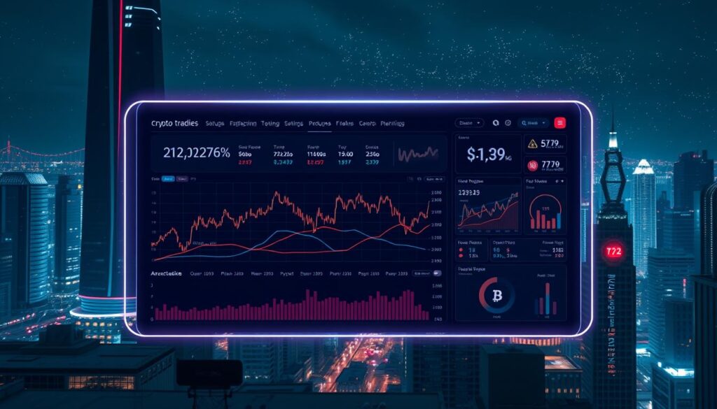 A sleek, minimalist crypto trading dashboard set against a futuristic cityscape. In the foreground, a holographic interface displays various trading metrics, trend lines, and performance insights. Muted neon lighting casts an atmospheric glow, while the backdrop features towering skyscrapers and a night sky alive with digital activity. The overall composition conveys a sense of technological sophistication, data-driven decision making, and the rapid pace of the crypto markets. A sleek, minimalist crypto trading dashboard set against a futuristic cityscape. In the foreground, a holographic interface displays various trading metrics, trend lines, and performance insights. Muted neon lighting casts an atmospheric glow, while the backdrop features towering skyscrapers and a night sky alive with digital activity. The overall composition conveys a sense of technological sophistication, data-driven decision making, and the rapid pace of the crypto markets.