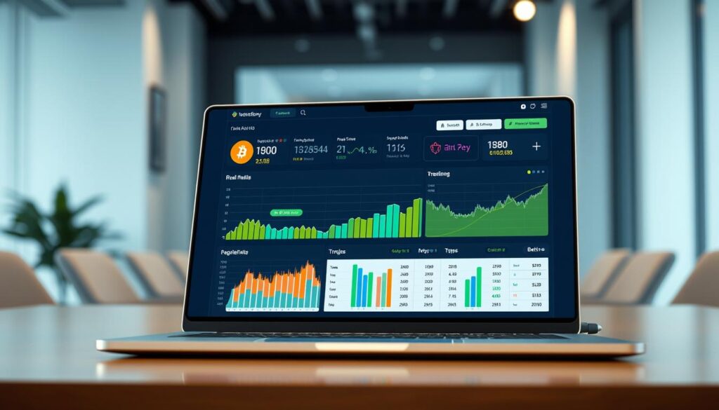 A sleek, minimalist cryptocurrency portfolio tracking app displayed on a high-resolution laptop screen. The foreground features a clean, intuitive user interface with colorful charts, graphs, and real-time data visualizations of the user's digital asset holdings. The middle ground showcases a responsive, mobile-friendly design with seamless cross-device synchronization. The background depicts a serene, modern office setting with subtle lighting and a sense of professionalism, conveying a secure and trustworthy platform for managing one's cryptocurrency investments.