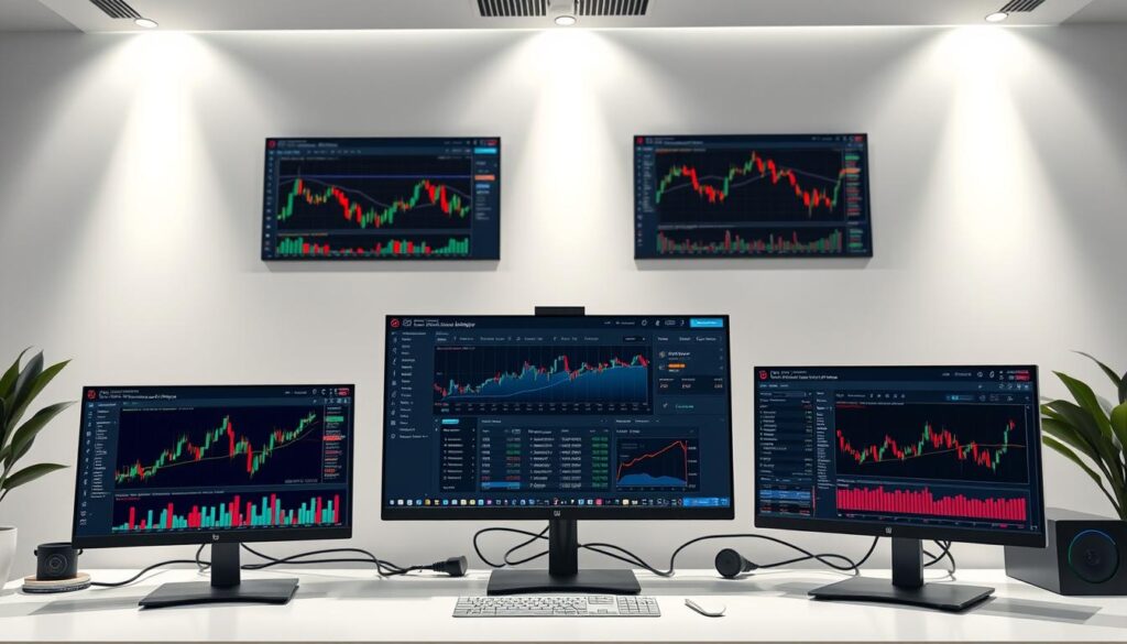 A sleek, minimalist desktop setup with a variety of crypto market analysis tools displayed on high-resolution monitors. In the foreground, various charts, graphs, and data visualizations showcase real-time market trends and insights. The middle ground features a range of user-friendly interfaces and intuitive dashboards, allowing for seamless navigation and in-depth exploration of the crypto landscape. The background showcases a clean, modernistic environment with subtle lighting and a calming ambiance, creating a professional and focused atmosphere for the crypto enthusiast. The overall composition conveys a sense of clarity, efficiency, and a deep understanding of the crypto markets.