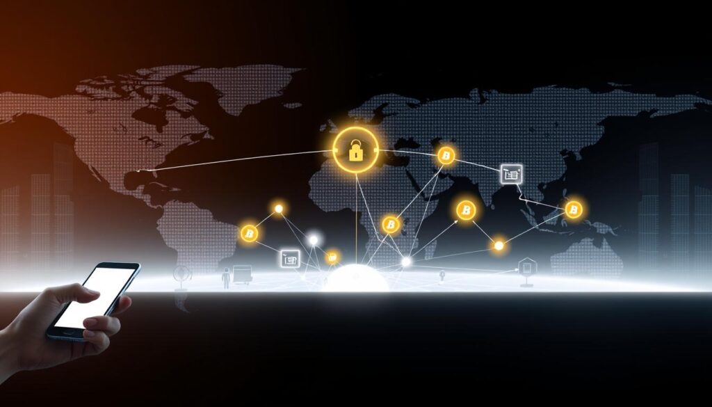 A sleek, minimalist diagram depicting the flow of streamlined cross-border payments. In the foreground, digital wallets and mobile devices seamlessly facilitate instant international transactions. The middle ground showcases a secure blockchain network, with nodes representing financial institutions across borders, connected by glowing transaction lines. In the background, a stylized world map serves as the backdrop, hinting at the global reach of this efficient payment system. The overall scene exudes a sense of modern, technology-driven efficiency, perfectly capturing the essence of the "Streamlined Cross-Border Payments and Instant Settlements" section. A sleek, minimalist diagram depicting the flow of streamlined cross-border payments. In the foreground, digital wallets and mobile devices seamlessly facilitate instant international transactions. The middle ground showcases a secure blockchain network, with nodes representing financial institutions across borders, connected by glowing transaction lines. In the background, a stylized world map serves as the backdrop, hinting at the global reach of this efficient payment system. The overall scene exudes a sense of modern, technology-driven efficiency, perfectly capturing the essence of the "Streamlined Cross-Border Payments and Instant Settlements" section.