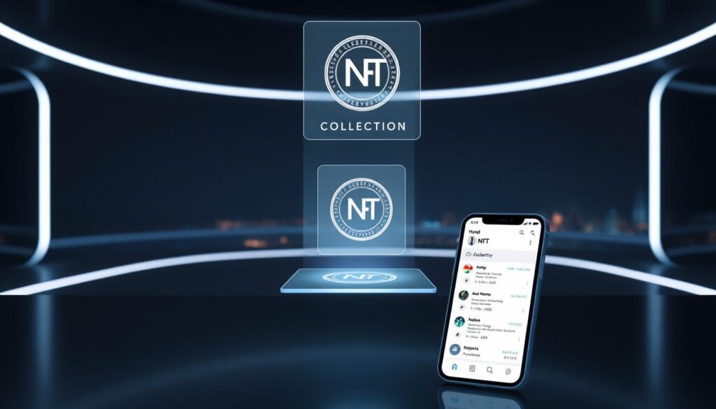 A sleek, minimalist digital wallet interface with a clean, modern aesthetic. In the foreground, a smartphone screen displays the wallet's dashboard, showcasing a user's NFT collection. In the middle ground, a transparent, holographic-like display hovers, projecting detailed information about a selected NFT and its authenticity. The background is a dimly lit, futuristic environment, with subtle lighting effects and a hint of a cityscape in the distance, conveying a sense of technological sophistication. The overall scene evokes a seamless, secure, and immersive digital proof of ownership experience. A sleek, minimalist digital wallet interface with a clean, modern aesthetic. In the foreground, a smartphone screen displays the wallet's dashboard, showcasing a user's NFT collection. In the middle ground, a transparent, holographic-like display hovers, projecting detailed information about a selected NFT and its authenticity. The background is a dimly lit, futuristic environment, with subtle lighting effects and a hint of a cityscape in the distance, conveying a sense of technological sophistication. The overall scene evokes a seamless, secure, and immersive digital proof of ownership experience.