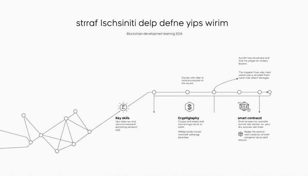 A sleek, minimalist infographic depicting the step-by-step learning path for blockchain development in 2026. The foreground features a clean, geometric design with interconnected nodes and pathways representing the key skills and technologies required. The middle ground showcases icons and illustrations symbolizing proficiencies such as cryptography, consensus mechanisms, and smart contract programming. The background has a subtle textured gradient, conveying a sense of depth and sophistication. The overall composition is balanced, with a modern, elegant aesthetic that reflects the cutting-edge nature of the blockchain field. Muted color tones and high-contrast lines create a visually striking, informative, and inspirational image. A sleek, minimalist infographic depicting the step-by-step learning path for blockchain development in 2026. The foreground features a clean, geometric design with interconnected nodes and pathways representing the key skills and technologies required. The middle ground showcases icons and illustrations symbolizing proficiencies such as cryptography, consensus mechanisms, and smart contract programming. The background has a subtle textured gradient, conveying a sense of depth and sophistication. The overall composition is balanced, with a modern, elegant aesthetic that reflects the cutting-edge nature of the blockchain field. Muted color tones and high-contrast lines create a visually striking, informative, and inspirational image.
