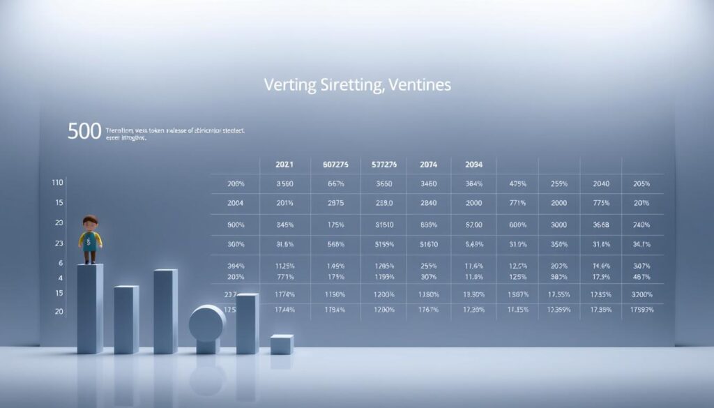 A sleek, minimalist infographic showcasing cryptocurrency token distribution vesting schedules. In the foreground, a series of geometric shapes and bars representing token allocations, with varying heights and colors denoting different vesting periods. The middle ground features a clean, data-driven layout with precise percentages and timelines, conveying the complex mechanics of token release and unlocking. The background is a subtle gradient, lending a sense of depth and sophistication to the composition. Soft, directional lighting illuminates the key elements, creating a balanced and visually engaging display of this important aspect of cryptocurrency tokenomics.
