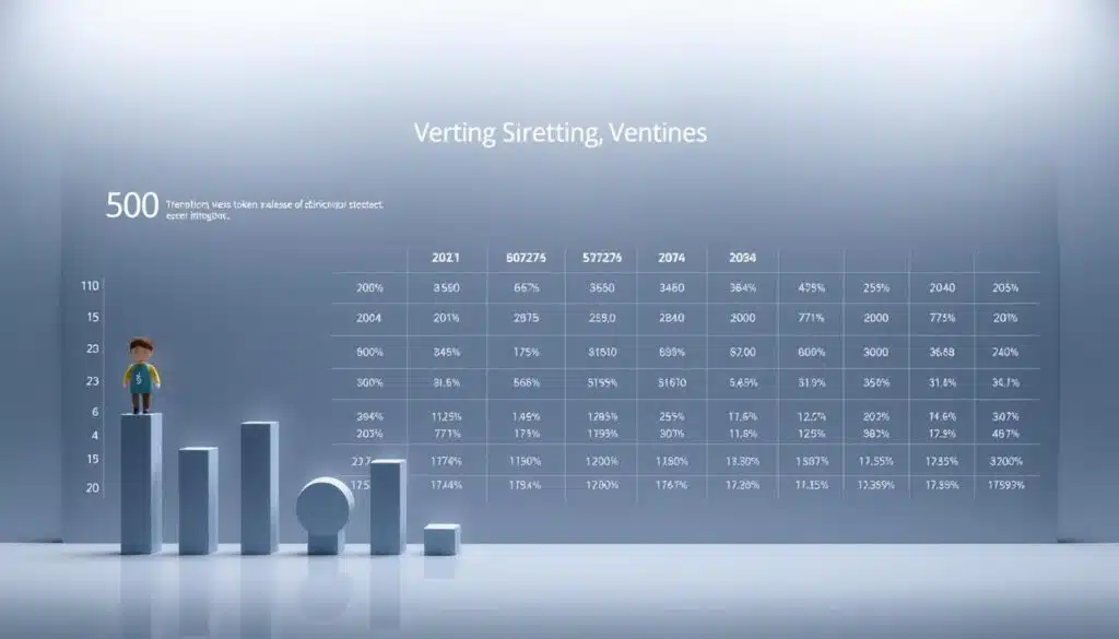 A sleek, minimalist infographic showcasing cryptocurrency token distribution vesting schedules. In the foreground, a series of geometric shapes and bars representing token allocations, with varying heights and colors denoting different vesting periods. The middle ground features a clean, data-driven layout with precise percentages and timelines, conveying the complex mechanics of token release and unlocking. The background is a subtle gradient, lending a sense of depth and sophistication to the composition. Soft, directional lighting illuminates the key elements, creating a balanced and visually engaging display of this important aspect of cryptocurrency tokenomics. A sleek, minimalist infographic showcasing cryptocurrency token distribution vesting schedules. In the foreground, a series of geometric shapes and bars representing token allocations, with varying heights and colors denoting different vesting periods. The middle ground features a clean, data-driven layout with precise percentages and timelines, conveying the complex mechanics of token release and unlocking. The background is a subtle gradient, lending a sense of depth and sophistication to the composition. Soft, directional lighting illuminates the key elements, creating a balanced and visually engaging display of this important aspect of cryptocurrency tokenomics.