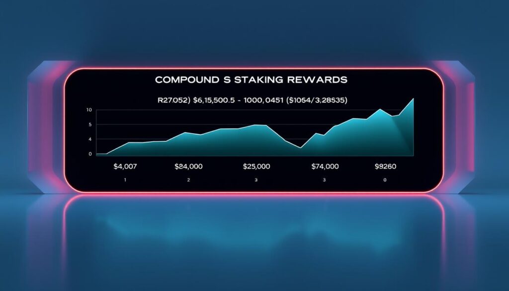 A sleek, minimalist interface displaying compound crypto staking reward projections over 1, 5, and 10 year timelines. The display is rendered in a clean, high-contrast color palette with subtle gradients and soft reflections, creating a futuristic, tech-forward aesthetic. Numerical values and charts are presented clearly and intuitively, making complex staking calculations easy to comprehend at a glance. The overall composition is balanced and visually striking, seamlessly blending form and function to convey the power of compounding staking rewards. A sleek, minimalist interface displaying compound crypto staking reward projections over 1, 5, and 10 year timelines. The display is rendered in a clean, high-contrast color palette with subtle gradients and soft reflections, creating a futuristic, tech-forward aesthetic. Numerical values and charts are presented clearly and intuitively, making complex staking calculations easy to comprehend at a glance. The overall composition is balanced and visually striking, seamlessly blending form and function to convey the power of compounding staking rewards.