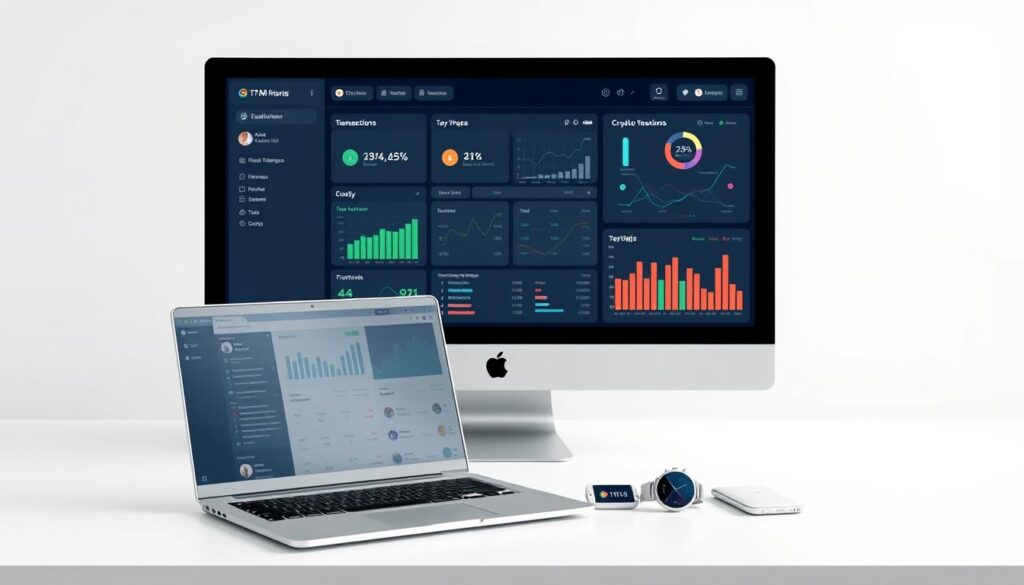 A sleek, minimalist interface featuring a digital dashboard with interactive charts, graphs, and data visualizations. In the foreground, a modern laptop or desktop computer displays cryptocurrency transaction details and tax calculations. The middle ground showcases a range of mobile devices, tablets, and wearables seamlessly syncing financial data. The background depicts a futuristic cityscape, with skyscrapers and towers, symbolizing the integration of advanced crypto tax software into the digital landscape. Soft, neutral lighting creates a professional, technology-driven atmosphere, highlighting the precision and efficiency of the AI-powered crypto tax tools. A sleek, minimalist interface featuring a digital dashboard with interactive charts, graphs, and data visualizations. In the foreground, a modern laptop or desktop computer displays cryptocurrency transaction details and tax calculations. The middle ground showcases a range of mobile devices, tablets, and wearables seamlessly syncing financial data. The background depicts a futuristic cityscape, with skyscrapers and towers, symbolizing the integration of advanced crypto tax software into the digital landscape. Soft, neutral lighting creates a professional, technology-driven atmosphere, highlighting the precision and efficiency of the AI-powered crypto tax tools.