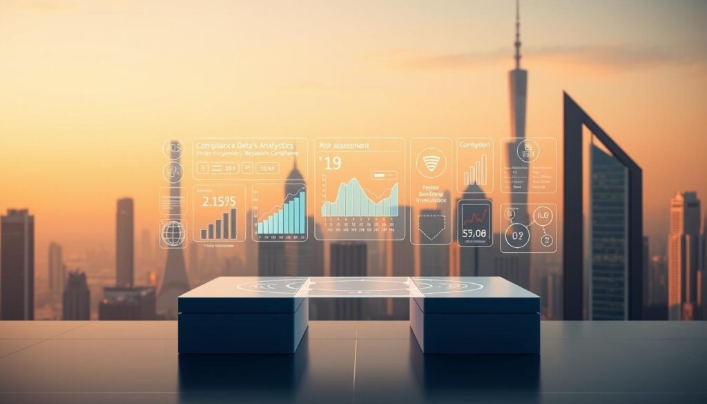 A sleek, minimalist user interface showcasing various AI-powered tools for cryptocurrency regulatory compliance. In the foreground, a 3D holographic display presents compliance data analytics and risk assessment visualizations. The middle ground features modular software components seamlessly integrated, conveying a sense of efficiency and automation. The background depicts a futuristic cityscape with towering skyscrapers, hinting at the enterprise-grade scale of these AI compliance solutions. Warm lighting and muted tones create a professional, trustworthy atmosphere, reflecting the high-stakes nature of this domain. The overall impression is one of advanced technology empowering financial institutions to navigate the complex crypto regulatory landscape.