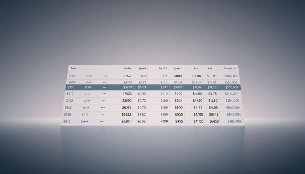 A sleek, minimalist visualization of a cryptocurrency order book, showcasing the bid-ask spread. The foreground features a clean, modern interface with clearly delineated buy and sell orders, the bid and ask prices prominently displayed. The background is a muted, ethereal gradient, casting a soft, ambient light on the interface, creating a sense of depth and digital elegance. The scene is captured from a slightly elevated angle, giving the viewer a bird's-eye perspective on the order book's dynamics. The overall mood is one of clarity, precision, and the calm analysis of market data, perfectly suited to illustrate the "Exploring the Components: Bids, Asks, and the Spread" section of the article. A sleek, minimalist visualization of a cryptocurrency order book, showcasing the bid-ask spread. The foreground features a clean, modern interface with clearly delineated buy and sell orders, the bid and ask prices prominently displayed. The background is a muted, ethereal gradient, casting a soft, ambient light on the interface, creating a sense of depth and digital elegance. The scene is captured from a slightly elevated angle, giving the viewer a bird's-eye perspective on the order book's dynamics. The overall mood is one of clarity, precision, and the calm analysis of market data, perfectly suited to illustrate the "Exploring the Components: Bids, Asks, and the Spread" section of the article.