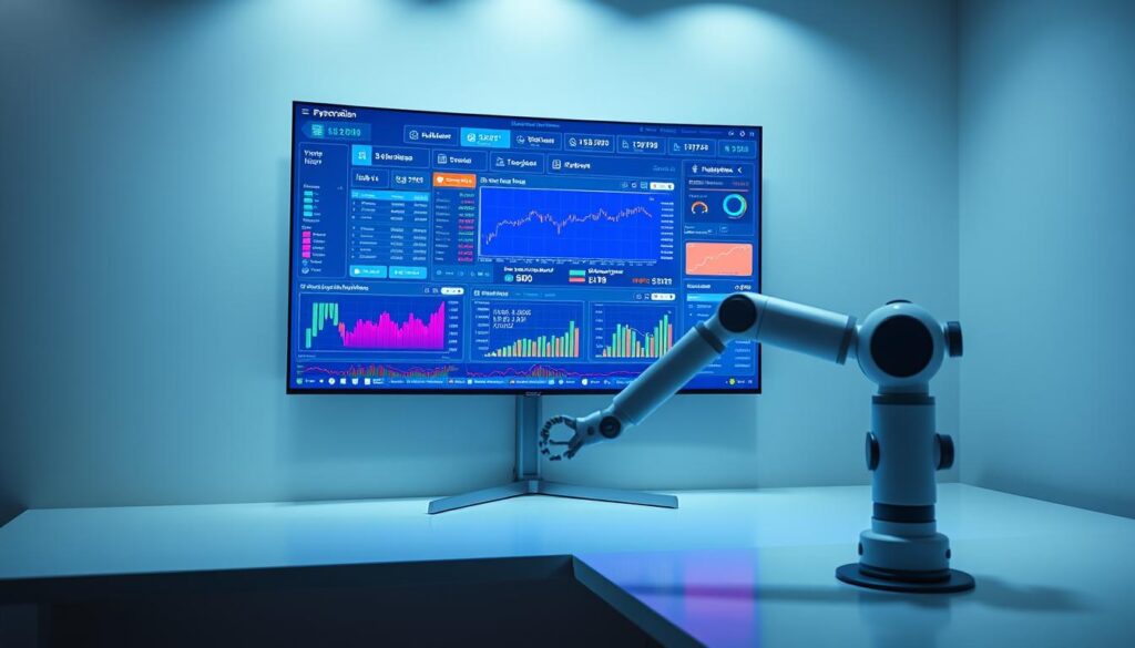 A sleek, minimalist workspace with a large curved monitor displaying an intricate financial dashboard. The screen showcases advanced AI-powered portfolio optimization algorithms, with colorful charts, graphs, and data visualizations. In the foreground, a discreet robotic arm moves methodically, adjusting investment positions. The lighting is soft and ambient, creating a serene, focused atmosphere. The room is adorned with clean lines and muted tones, reflecting the precision and sophistication of the technology at work. A sense of technological prowess and financial acumen permeates the scene, hinting at the transformative power of AI-driven portfolio optimization. A sleek, minimalist workspace with a large curved monitor displaying an intricate financial dashboard. The screen showcases advanced AI-powered portfolio optimization algorithms, with colorful charts, graphs, and data visualizations. In the foreground, a discreet robotic arm moves methodically, adjusting investment positions. The lighting is soft and ambient, creating a serene, focused atmosphere. The room is adorned with clean lines and muted tones, reflecting the precision and sophistication of the technology at work. A sense of technological prowess and financial acumen permeates the scene, hinting at the transformative power of AI-driven portfolio optimization.