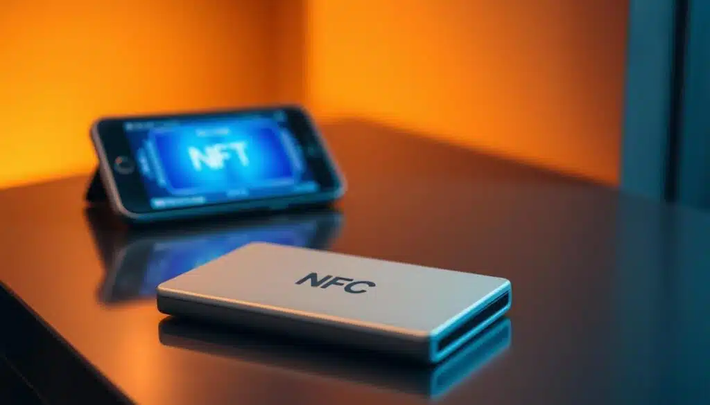 A sleek, modern NFC wallet seamlessly integrates with a digital ticket app, allowing secure access verification for an NFT-based event. The wallet's minimalist design features a subtle NFC logo, nestled atop a soft-lit, brushed metal surface. In the background, a smartphone screen displays a vibrant, high-resolution NFT ticket, its unique digital ID shimmering with authenticity. Warm, indirect lighting casts a refined, sophisticated ambiance, emphasizing the wallet's premium aesthetic and the technology's reliable, cutting-edge functionality.