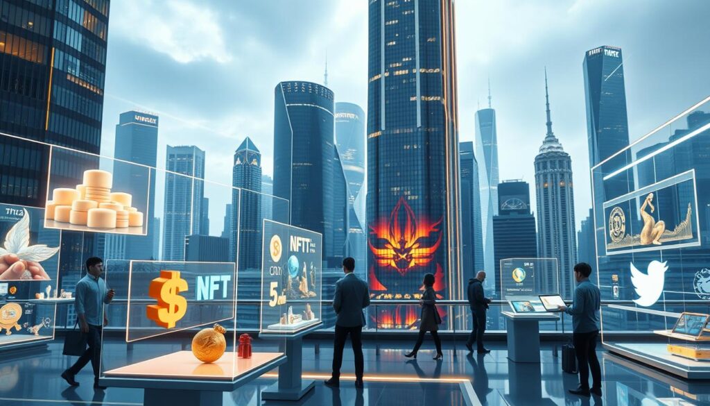 A sleek, modern NFT marketplace platform set against a futuristic cityscape. In the foreground, holographic displays showcase various NFT artworks and collectibles, their digital sheen catching the soft, warm lighting. In the middle ground, buyers and sellers navigate a streamlined user interface, interacting with digital wallets and trading platforms. The background is a towering metropolis of glass and steel, its skyscrapers illuminated by neon accents, reflecting the technological innovation driving the NFT revolution. An atmosphere of excitement, opportunity, and limitless potential permeates the scene. A sleek, modern NFT marketplace platform set against a futuristic cityscape. In the foreground, holographic displays showcase various NFT artworks and collectibles, their digital sheen catching the soft, warm lighting. In the middle ground, buyers and sellers navigate a streamlined user interface, interacting with digital wallets and trading platforms. The background is a towering metropolis of glass and steel, its skyscrapers illuminated by neon accents, reflecting the technological innovation driving the NFT revolution. An atmosphere of excitement, opportunity, and limitless potential permeates the scene.