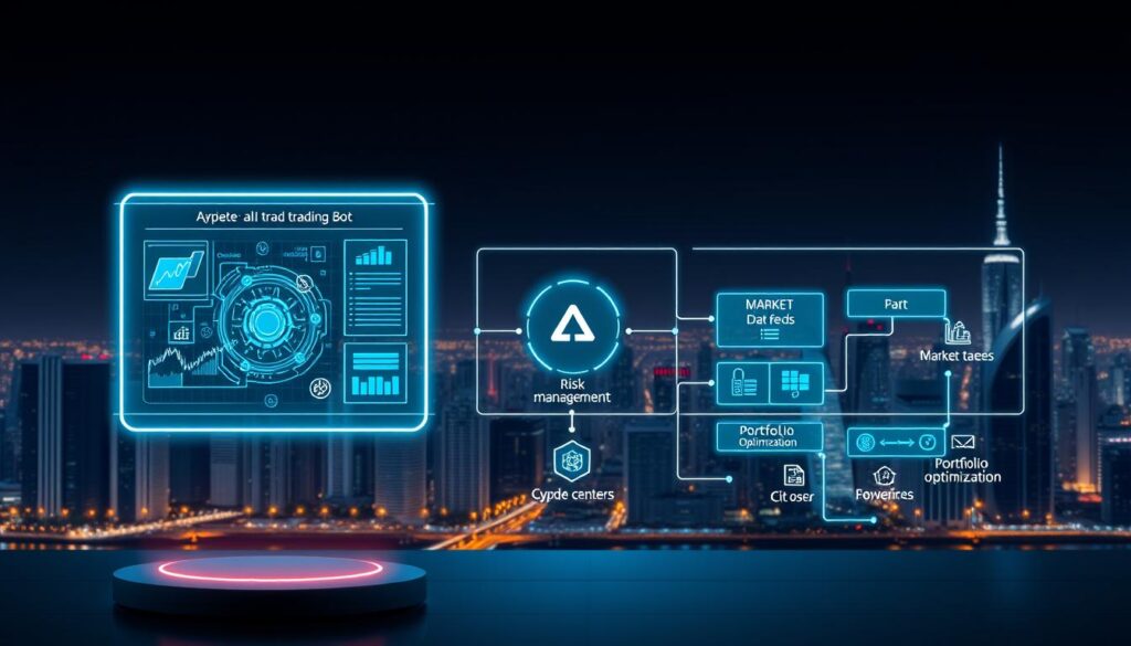 A sleek, modern architectural diagram showcasing the essential components of an AI crypto trading bot. In the foreground, a stylized representation of the trading algorithm and data processing modules, illuminated by a cool, neon-tinged glow. In the middle ground, the market data feeds, risk management systems, and portfolio optimization tools, all interconnected in a seamless, futuristic interface. In the background, a cityscape of skyscrapers and data centers, bathed in the soft, ambient light of a nighttime scene, symbolizing the global, high-tech nature of the trading ecosystem. The overall composition conveys a sense of technological sophistication, efficiency, and the cutting-edge nature of the AI trading bot system. A sleek, modern architectural diagram showcasing the essential components of an AI crypto trading bot. In the foreground, a stylized representation of the trading algorithm and data processing modules, illuminated by a cool, neon-tinged glow. In the middle ground, the market data feeds, risk management systems, and portfolio optimization tools, all interconnected in a seamless, futuristic interface. In the background, a cityscape of skyscrapers and data centers, bathed in the soft, ambient light of a nighttime scene, symbolizing the global, high-tech nature of the trading ecosystem. The overall composition conveys a sense of technological sophistication, efficiency, and the cutting-edge nature of the AI trading bot system.
