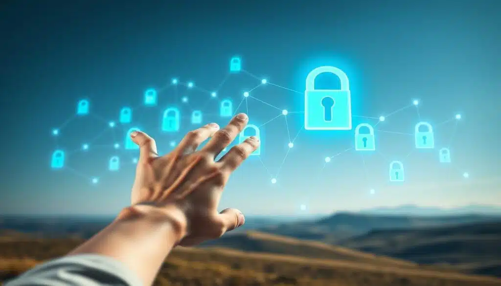 A sleek, modern blockchain network with nodes representing secure voting data, surrounded by a transparent digital glass interface. The nodes glow with a vibrant, authoritative blue hue, signifying the trustworthy nature of the blockchain. In the foreground, a hand reaches out, interacting with the interface, symbolizing the user's ability to verify the integrity of the voting process. The background is a serene, minimalist landscape, allowing the blockchain visualization to take center stage. The lighting is soft and directional, creating depth and highlighting the technological elegance of the system. The overall mood is one of confidence, security, and transparency in the electoral process.
