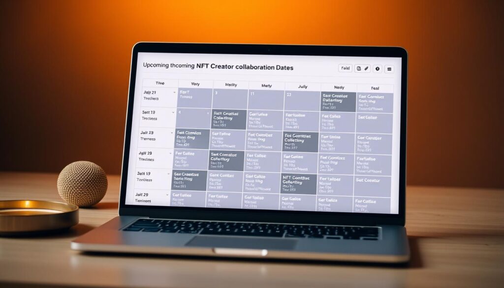 A sleek, modern calendar interface displaying upcoming NFT creator collaboration drop dates, displayed on a laptop or computer screen. The calendar is set against a muted, minimalist backdrop, with a subtle gradient or textured pattern providing depth and visual interest. The layout is clean and organized, with drop details such as creator names, collection themes, and release times clearly presented. The overall aesthetic conveys a sense of professionalism and exclusivity, reflecting the importance of these highly anticipated NFT drops. Warm, balanced lighting casts a soft glow on the scene, creating an inviting and engaging visual experience.