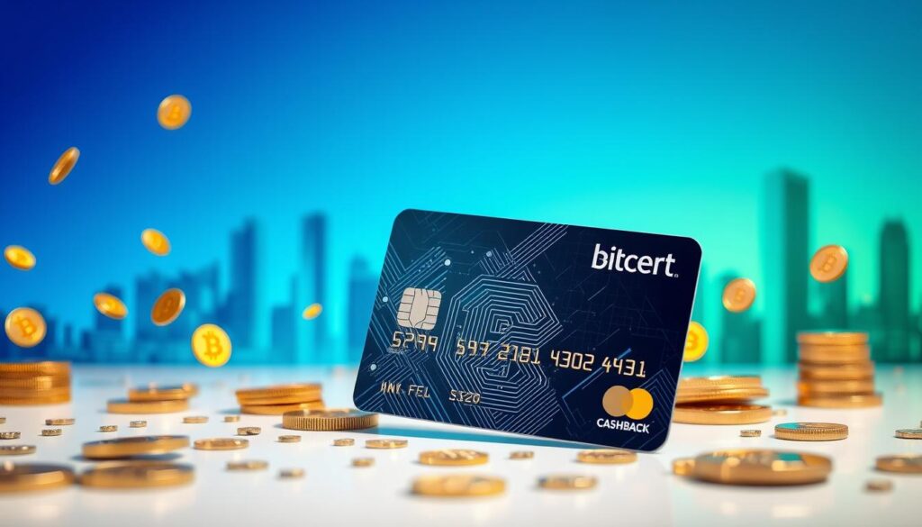 A sleek, modern cashback crypto card prominently displayed in the foreground, featuring a futuristic design incorporating digital elements like blockchain patterns and Bitcoin symbols. Surrounding the card, scattered coins and symbols of various cryptocurrencies, representing rewards. In the middle ground, an abstract representation of a modern city skyline, emphasizing the integration of technology and finance. The background transitions into a soft gradient of blue and green, symbolizing digital currency. The lighting is bright and dynamic, casting soft reflections on the card's surface, enhancing its allure. The atmosphere is vibrant and energetic, conveying the excitement of earning crypto rewards through everyday spending. The angle is slightly tilted from above, showcasing the card's features and the surrounding elements effectively. A sleek, modern cashback crypto card prominently displayed in the foreground, featuring a futuristic design incorporating digital elements like blockchain patterns and Bitcoin symbols. Surrounding the card, scattered coins and symbols of various cryptocurrencies, representing rewards. In the middle ground, an abstract representation of a modern city skyline, emphasizing the integration of technology and finance. The background transitions into a soft gradient of blue and green, symbolizing digital currency. The lighting is bright and dynamic, casting soft reflections on the card's surface, enhancing its allure. The atmosphere is vibrant and energetic, conveying the excitement of earning crypto rewards through everyday spending. The angle is slightly tilted from above, showcasing the card's features and the surrounding elements effectively.