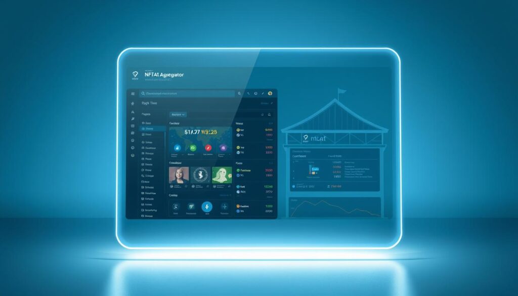 A sleek, modern comparison of an NFT aggregator platform and a traditional NFT marketplace. In the foreground, a holographic display showcases the seamless user interface and integrated features of the aggregator, contrasted with the static, outdated appearance of the traditional marketplace in the background. Diffused lighting creates a sense of depth and emphasizes the technological advancements of the aggregator. The scene is set against a minimalist, futuristic backdrop with clean lines and subtle gradients, conveying the innovative and efficient nature of the aggregator platform.