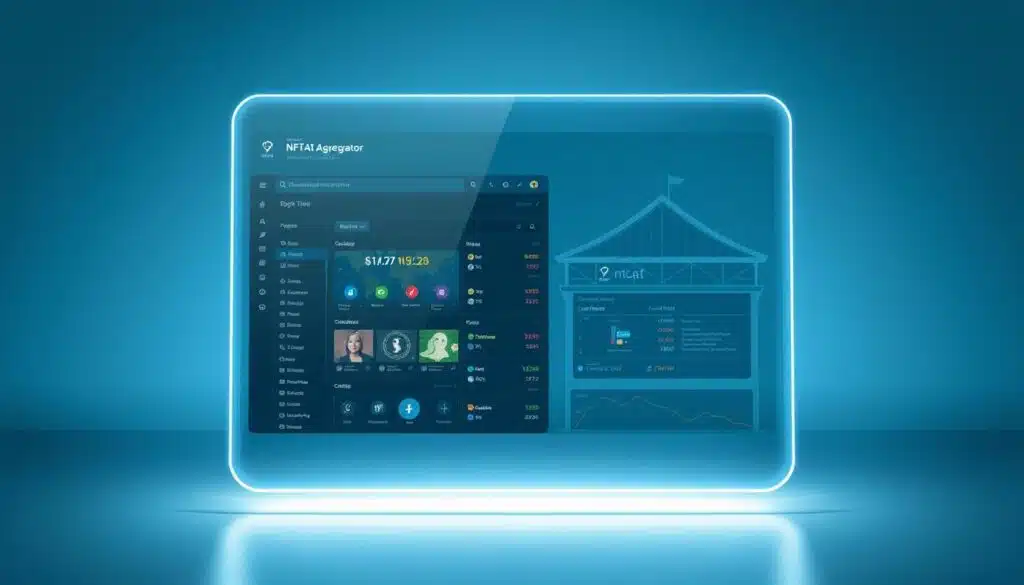 A sleek, modern comparison of an NFT aggregator platform and a traditional NFT marketplace. In the foreground, a holographic display showcases the seamless user interface and integrated features of the aggregator, contrasted with the static, outdated appearance of the traditional marketplace in the background. Diffused lighting creates a sense of depth and emphasizes the technological advancements of the aggregator. The scene is set against a minimalist, futuristic backdrop with clean lines and subtle gradients, conveying the innovative and efficient nature of the aggregator platform. A sleek, modern comparison of an NFT aggregator platform and a traditional NFT marketplace. In the foreground, a holographic display showcases the seamless user interface and integrated features of the aggregator, contrasted with the static, outdated appearance of the traditional marketplace in the background. Diffused lighting creates a sense of depth and emphasizes the technological advancements of the aggregator. The scene is set against a minimalist, futuristic backdrop with clean lines and subtle gradients, conveying the innovative and efficient nature of the aggregator platform.