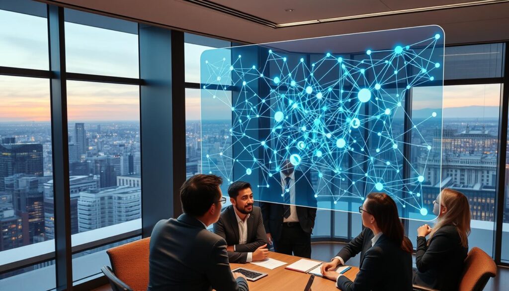 A sleek, modern corporate office interior with floor-to-ceiling windows overlooking a bustling cityscape. In the foreground, a large holographic display projects a complex blockchain network diagram, nodes pulsing with activity. Surrounding the display, a group of business executives and technology experts engaged in a dynamic discussion, their expressions serious yet thoughtful. The lighting is warm and professional, casting a subtle glow on the scene. The composition emphasizes the integration of cutting-edge blockchain technology within the enterprise environment, suggesting the insights and potential of Hyperledger Corda as a transformative platform.