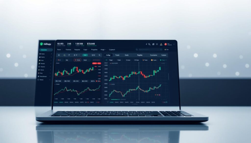 A sleek, modern crypto trading platform with a polished, intuitive interface. In the foreground, a dynamic dashboard showcases real-time data and analytics, allowing users to make informed trading decisions. The midground features customizable trading tools and advanced order types, empowering traders to execute complex strategies. In the background, a secure, encrypted network underpins the platform, ensuring the safety of user funds and transactions. Soft, diffused lighting creates a sense of elegance and professionalism, while clean lines and minimalist design elements convey a sophisticated, cutting-edge aesthetic.