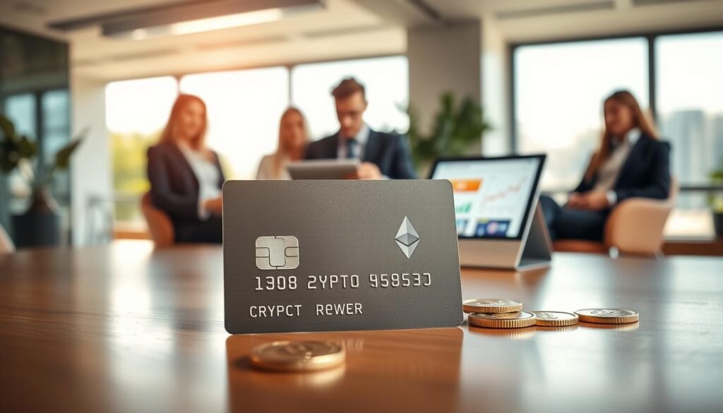A sleek, modern cryptocurrency card prominently displayed in the foreground, showcasing its metallic finish and embossed logo. The card is placed on a polished wooden desk, surrounded by a few scattered coins representing popular cryptocurrencies like Bitcoin and Ethereum, providing a hint of their logos. In the middle ground, a relaxed, diverse group of professionals in business attire is engaged in discussion, analyzing a tablet that displays colorful charts and graphs related to crypto cashback rewards. The background features a bright, contemporary office setting with large windows allowing natural daylight to illuminate the scene. Use a shallow depth of field to focus on the card while softly blurring the professionals, creating an inviting and prosperous atmosphere. The lighting should be warm and inviting, highlighting the sophistication of digital finance.