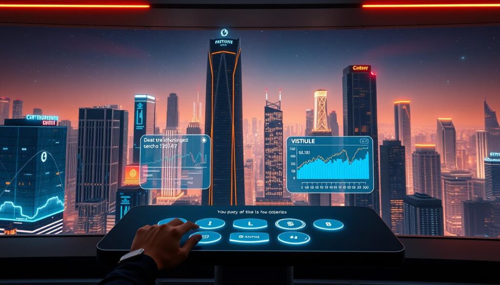 A sleek, modern cryptocurrency quiz interface set against a futuristic cityscape backdrop. In the foreground, a user navigates a clean, minimalist quiz flow with intuitive UI elements and vibrant, data-driven visualizations. The middle ground features holographic displays showcasing cryptocurrency data and trends, while the background is dominated by towering skyscrapers, neon lights, and a starry night sky, creating an immersive, high-tech atmosphere. The scene is illuminated by warm, diffused lighting, giving it a polished, professional look. The overall impression is one of an engaging, cutting-edge cryptocurrency quiz experience that seamlessly blends user interaction with data-driven insights.