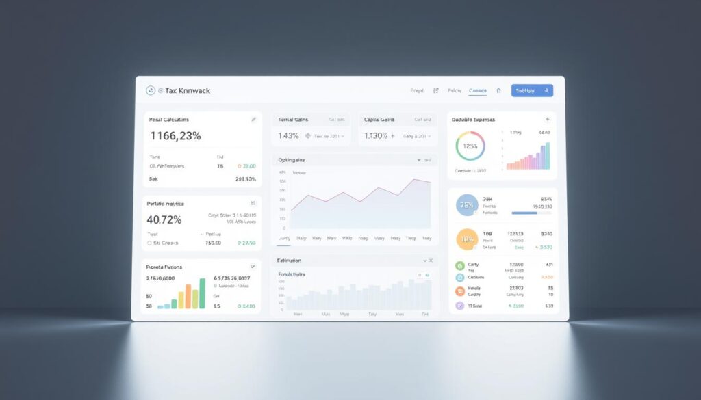 A sleek, modern dashboard showcasing the key features of a cutting-edge crypto tax software. In the foreground, a series of interactive tiles displaying real-time tax calculations, portfolio analytics, and optimization recommendations. The middle ground features intuitive visualizations of transaction histories, capital gains, and deductible expenses. In the background, a minimalist interface with clean lines, neutral tones, and subtle gradients, creating a calm, professional atmosphere. Soft, diffused lighting illuminates the dashboard, enhancing the sense of depth and technology. The overall composition emphasizes the software's comprehensive functionality, user-friendly design, and data-driven insights to simplify crypto tax reporting and planning. A sleek, modern dashboard showcasing the key features of a cutting-edge crypto tax software. In the foreground, a series of interactive tiles displaying real-time tax calculations, portfolio analytics, and optimization recommendations. The middle ground features intuitive visualizations of transaction histories, capital gains, and deductible expenses. In the background, a minimalist interface with clean lines, neutral tones, and subtle gradients, creating a calm, professional atmosphere. Soft, diffused lighting illuminates the dashboard, enhancing the sense of depth and technology. The overall composition emphasizes the software's comprehensive functionality, user-friendly design, and data-driven insights to simplify crypto tax reporting and planning.