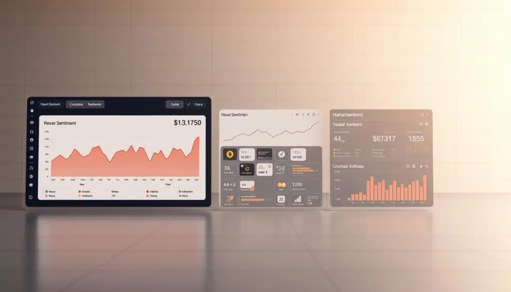 A sleek, modern data dashboard showcases various crypto sentiment analysis data sources. In the foreground, a trio of interactive charts display real-time market sentiment, social media trends, and news sentiment. The middle ground features a grid of data visualization icons, representing different data feeds like social media, news articles, and on-chain metrics. The background is a clean, minimalist space with subtle grid lines, evoking a sense of technological sophistication. Warm lighting casts a soft glow, creating a calming yet dynamic atmosphere. The overall aesthetic blends functionality with a touch of elegance, reflecting the cutting-edge nature of crypto sentiment analysis.