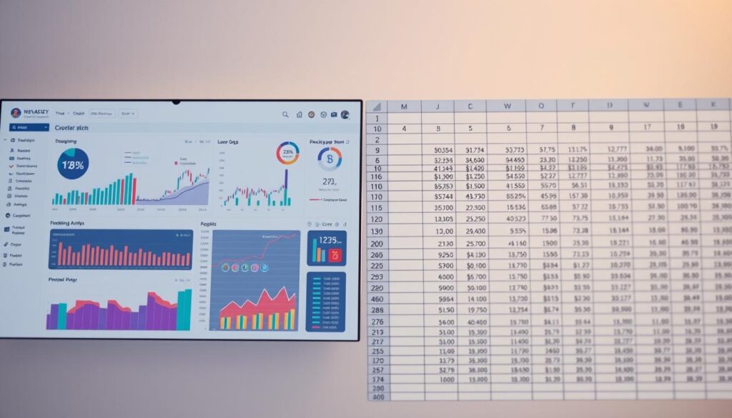 A sleek, modern data visualization dashboard contrasts with a classic spreadsheet interface, showcasing the evolution from traditional financial analysis to cutting-edge machine learning techniques. The dashboard features interactive charts, graphs, and insightful data points, while the spreadsheet displays rigid rows and columns of numerical data. Soft, diffused lighting illuminates the scene, creating a sense of technological progression and innovative problem-solving. The two analysis methods are positioned side-by-side, inviting the viewer to explore the strengths and advantages of each approach in the context of cryptocurrency liquidity analysis. A sleek, modern data visualization dashboard contrasts with a classic spreadsheet interface, showcasing the evolution from traditional financial analysis to cutting-edge machine learning techniques. The dashboard features interactive charts, graphs, and insightful data points, while the spreadsheet displays rigid rows and columns of numerical data. Soft, diffused lighting illuminates the scene, creating a sense of technological progression and innovative problem-solving. The two analysis methods are positioned side-by-side, inviting the viewer to explore the strengths and advantages of each approach in the context of cryptocurrency liquidity analysis.
