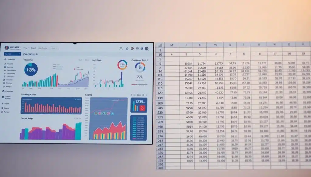 A sleek, modern data visualization dashboard contrasts with a classic spreadsheet interface, showcasing the evolution from traditional financial analysis to cutting-edge machine learning techniques. The dashboard features interactive charts, graphs, and insightful data points, while the spreadsheet displays rigid rows and columns of numerical data. Soft, diffused lighting illuminates the scene, creating a sense of technological progression and innovative problem-solving. The two analysis methods are positioned side-by-side, inviting the viewer to explore the strengths and advantages of each approach in the context of cryptocurrency liquidity analysis.