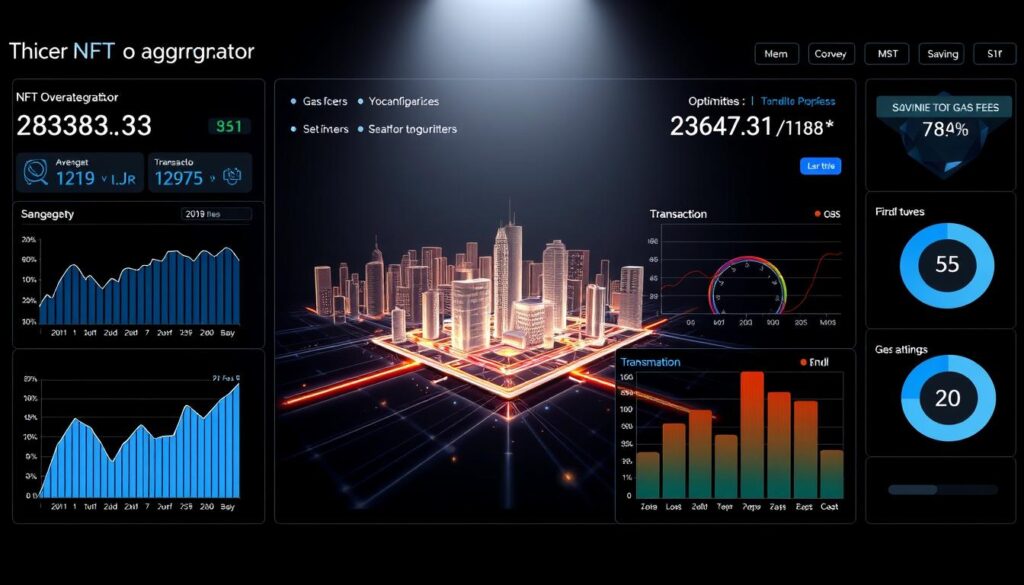 A sleek, modern data visualization dashboard depicting the optimization of gas fees and transaction processes in an NFT aggregator platform. The foreground shows a series of intuitive charts and graphs illustrating key metrics such as average gas prices, transaction speed, and cost savings. The middle ground features a 3D rendered representation of the NFT aggregator's underlying blockchain architecture, with smoothly flowing data streams and optimized transaction pathways. The background showcases a minimalist cityscape, symbolizing the scalability and efficiency of the platform in a bustling digital economy. Crisp, high-contrast lighting highlights the dynamic, tech-forward aesthetic, conveying a sense of cutting-edge innovation in the world of NFT trading.