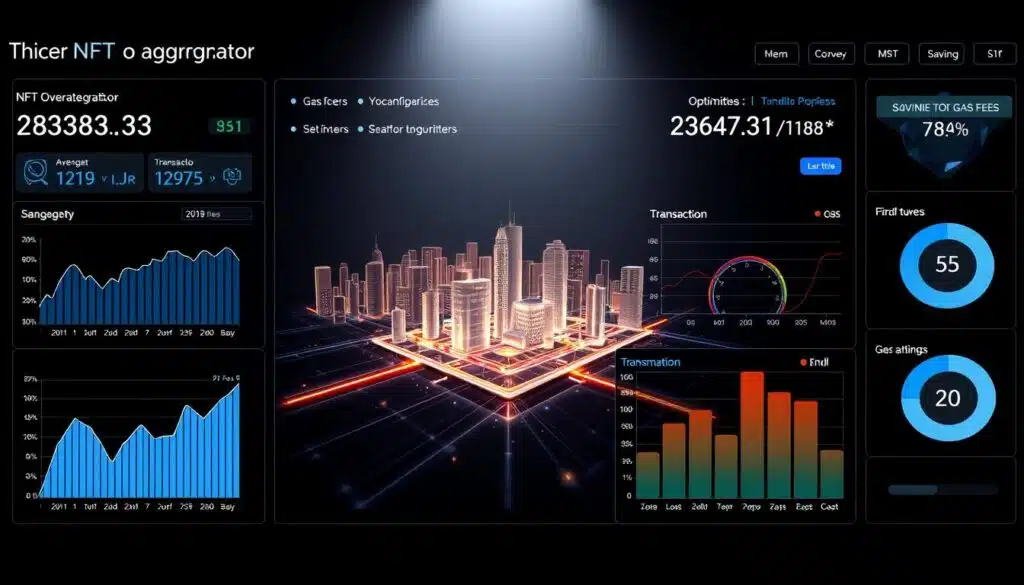 A sleek, modern data visualization dashboard depicting the optimization of gas fees and transaction processes in an NFT aggregator platform. The foreground shows a series of intuitive charts and graphs illustrating key metrics such as average gas prices, transaction speed, and cost savings. The middle ground features a 3D rendered representation of the NFT aggregator's underlying blockchain architecture, with smoothly flowing data streams and optimized transaction pathways. The background showcases a minimalist cityscape, symbolizing the scalability and efficiency of the platform in a bustling digital economy. Crisp, high-contrast lighting highlights the dynamic, tech-forward aesthetic, conveying a sense of cutting-edge innovation in the world of NFT trading. A sleek, modern data visualization dashboard depicting the optimization of gas fees and transaction processes in an NFT aggregator platform. The foreground shows a series of intuitive charts and graphs illustrating key metrics such as average gas prices, transaction speed, and cost savings. The middle ground features a 3D rendered representation of the NFT aggregator's underlying blockchain architecture, with smoothly flowing data streams and optimized transaction pathways. The background showcases a minimalist cityscape, symbolizing the scalability and efficiency of the platform in a bustling digital economy. Crisp, high-contrast lighting highlights the dynamic, tech-forward aesthetic, conveying a sense of cutting-edge innovation in the world of NFT trading.
