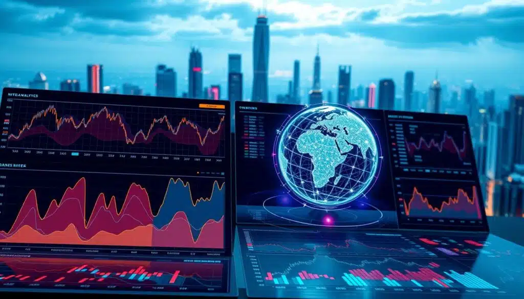 A sleek, modern data visualization dashboard featuring vibrant blockchain analytics graphs and charts, illuminating insights into market trading patterns and anomalies. The foreground displays a series of interactive line graphs, pie charts, and scatter plots, color-coded and annotated to highlight key metrics for monitoring NFT market activity. The middle ground showcases a 3D holographic globe, pulsing with real-time blockchain transaction data. In the background, a futuristic cityscape of skyscrapers and data centers, bathed in a cool, neon-tinged lighting that conveys a sense of technological sophistication. The overall mood is one of analytical precision and data-driven decision-making, capturing the essence of effective strategies for detecting NFT wash trading manipulation.