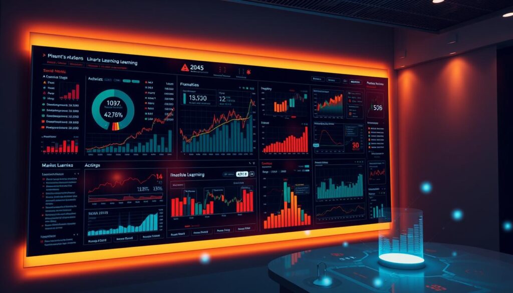A sleek, modern data visualization dashboard illuminated by warm, diffuse lighting, showcasing a detailed analysis of various financial market indicators. Amidst the clean, minimalistic interface, vivid charts, graphs, and metrics dynamically display insights from machine learning algorithms. The layout is balanced, with key data points and visualizations taking center stage, framed by subtle, high-tech details like holographic overlays and touch-sensitive controls. The overall atmosphere conveys a sense of professionalism, cutting-edge technology, and data-driven decision making, perfectly suited to illustrate the leveraging of machine learning for market data analysis.